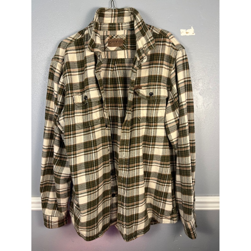 ORVIS Flannel Shirt Heavyweight Plaid Mens L Green White Outdoor Workwear